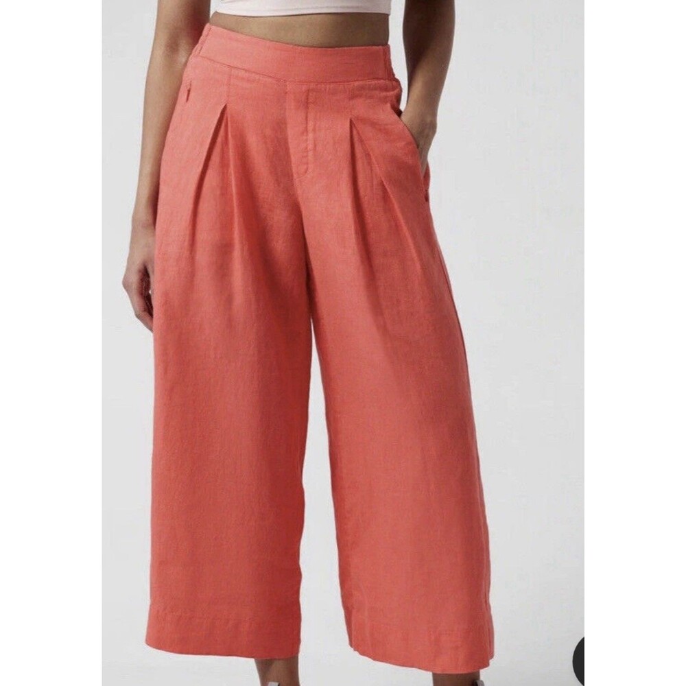 ATHLETA PLAYA LINEN WIDE LEG CROP PANT SIZE 12 PASSIONFRUIT CORAL D1